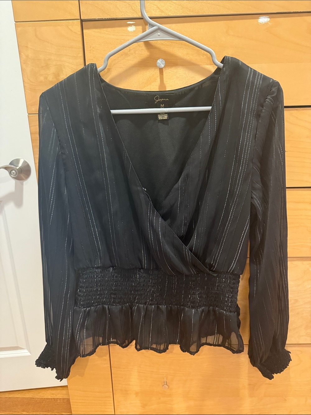 Black Pinstripe Wrap-Front Blouse
